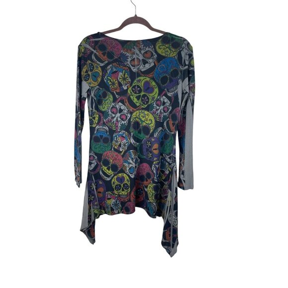 Casa Lee Multicolor Sugar Skull Tunic Top Asymmetrical Hem - Picture 7 of 9